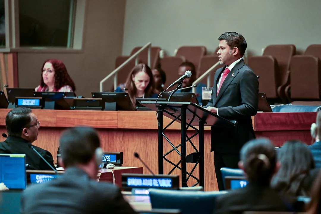 Vice President Hussain Mohamed Latheef addresses the UN meeting on sea-level rise on 24 September 2026.